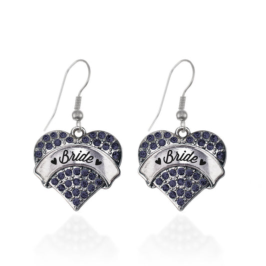 Silver Navy Bride Blue Pave Heart Charm Dangle Earrings