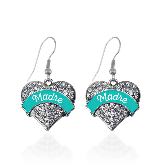 Silver Teal Madre Pave Heart Charm Dangle Earrings
