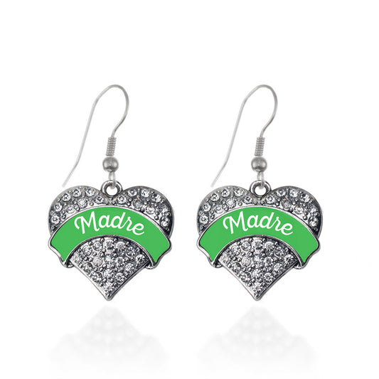 Silver Emerald Green Madre Pave Heart Charm Dangle Earrings