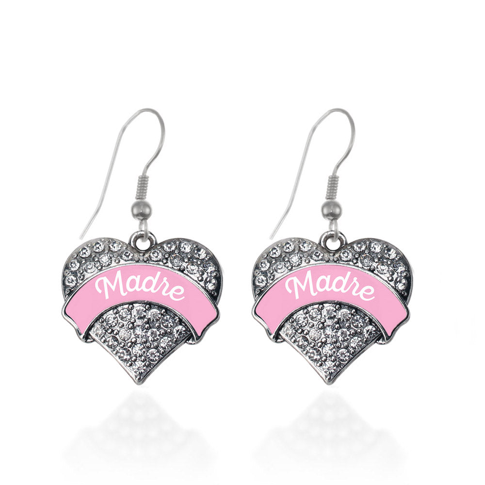 Silver Pink Madre Pave Heart Charm Dangle Earrings