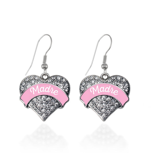 Silver Pink Madre Pave Heart Charm Dangle Earrings