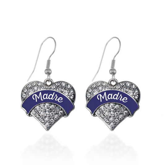 Silver Navy Blue Madre Pave Heart Charm Dangle Earrings