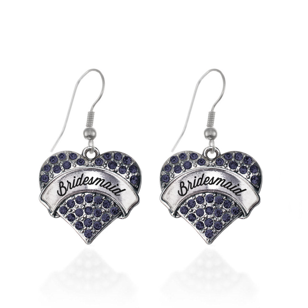 Silver Navy Bridemaid Blue Pave Heart Charm Dangle Earrings