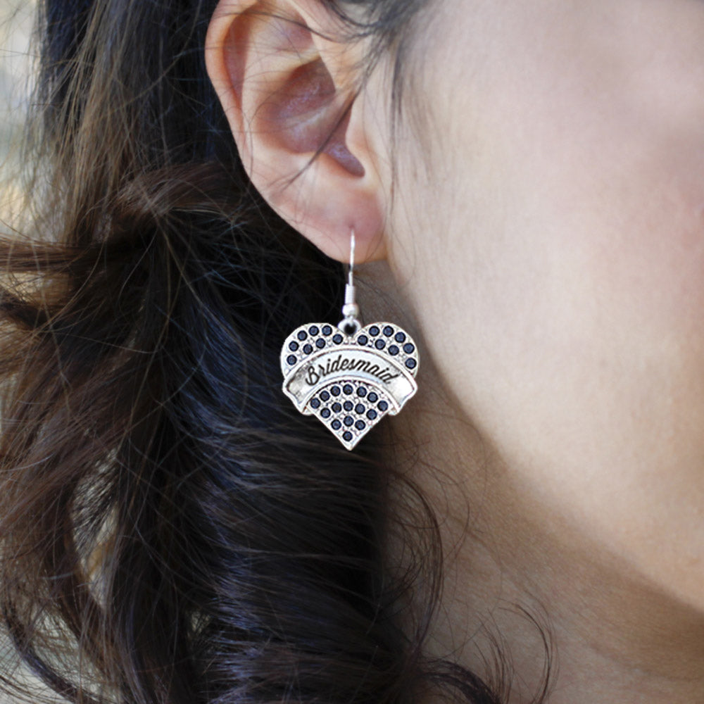 Silver Navy Bridemaid Blue Pave Heart Charm Dangle Earrings