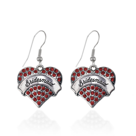 Silver Red Bridemaid Red Pave Heart Charm Dangle Earrings
