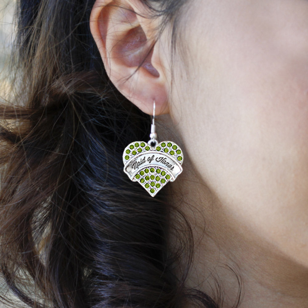 Silver Green Maid of Honor Green Pave Heart Charm Dangle Earrings