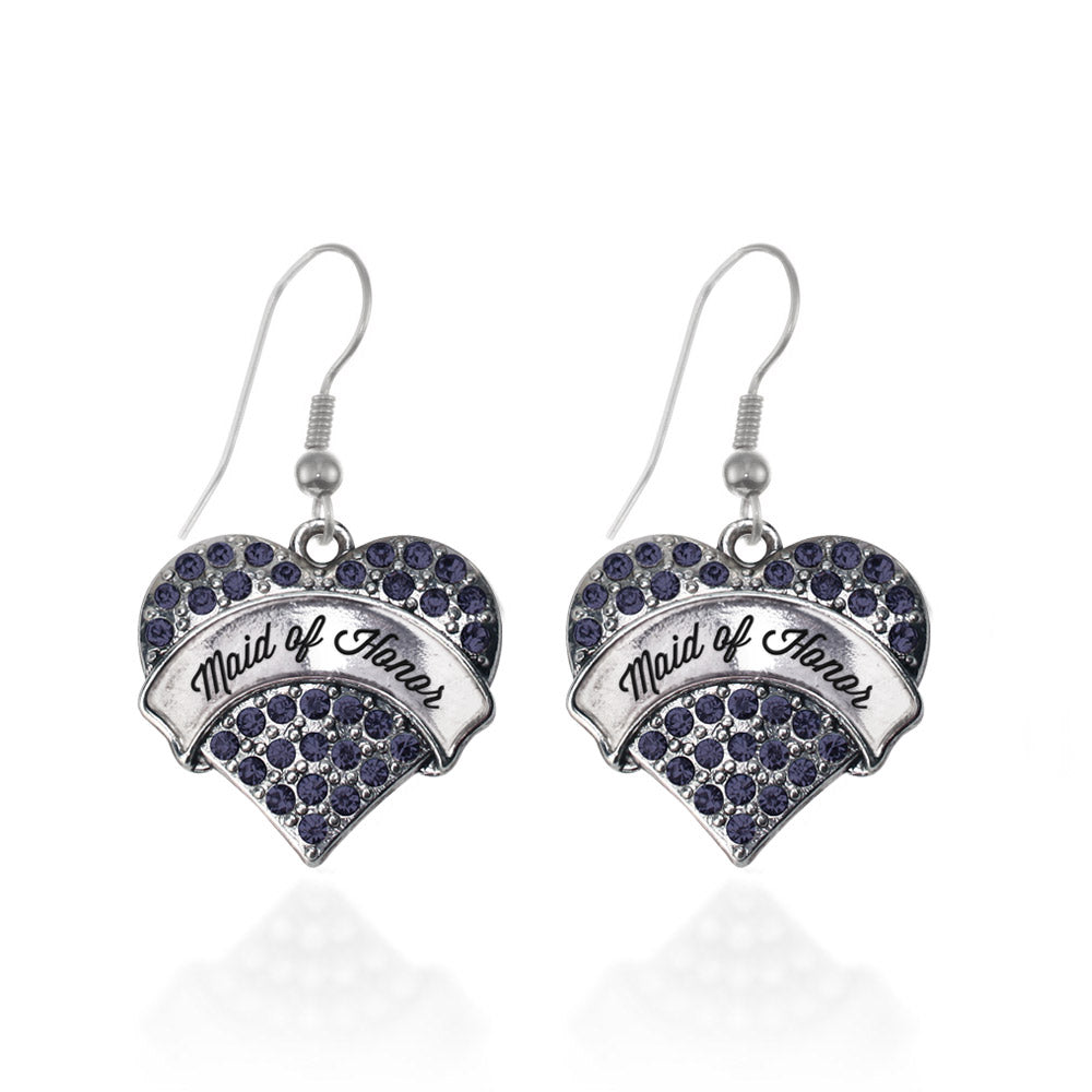Silver Navy Maid of Honor Blue Pave Heart Charm Dangle Earrings
