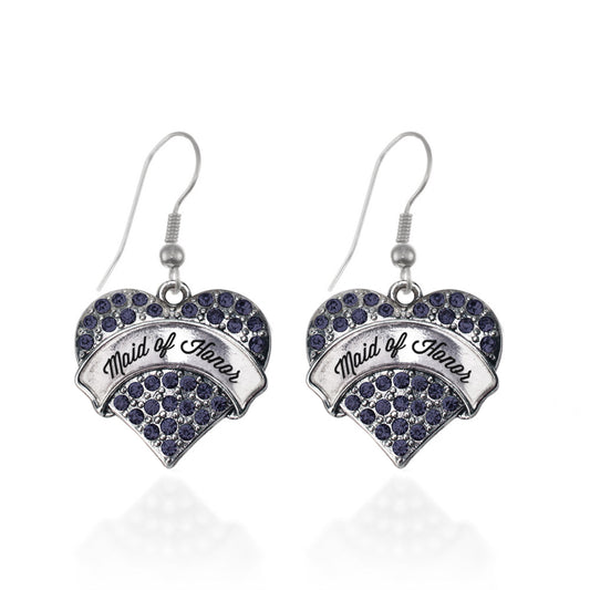 Silver Navy Maid of Honor Blue Pave Heart Charm Dangle Earrings