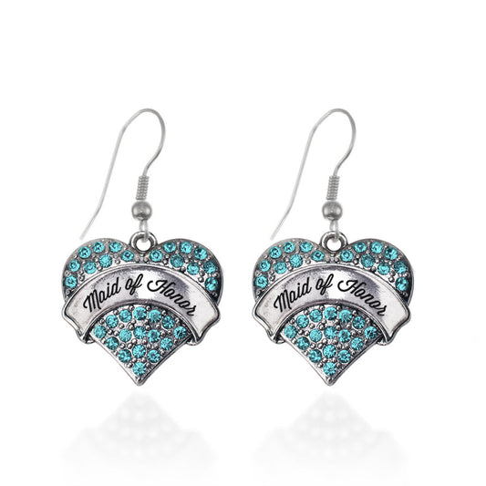 Silver Aqua Maid of Honor Aqua Pave Heart Charm Dangle Earrings