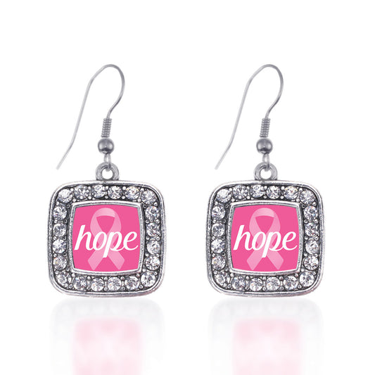 Silver Hope Breast Cancer Awareness Square Charm Dangle Earrings