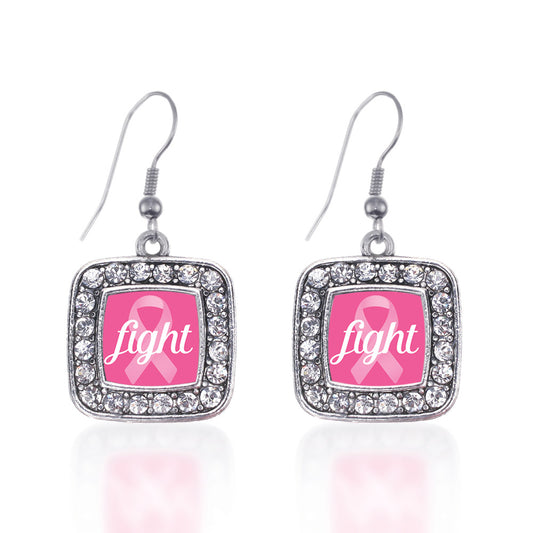 Silver Fight Breast Cancer Awareness Square Charm Dangle Earrings