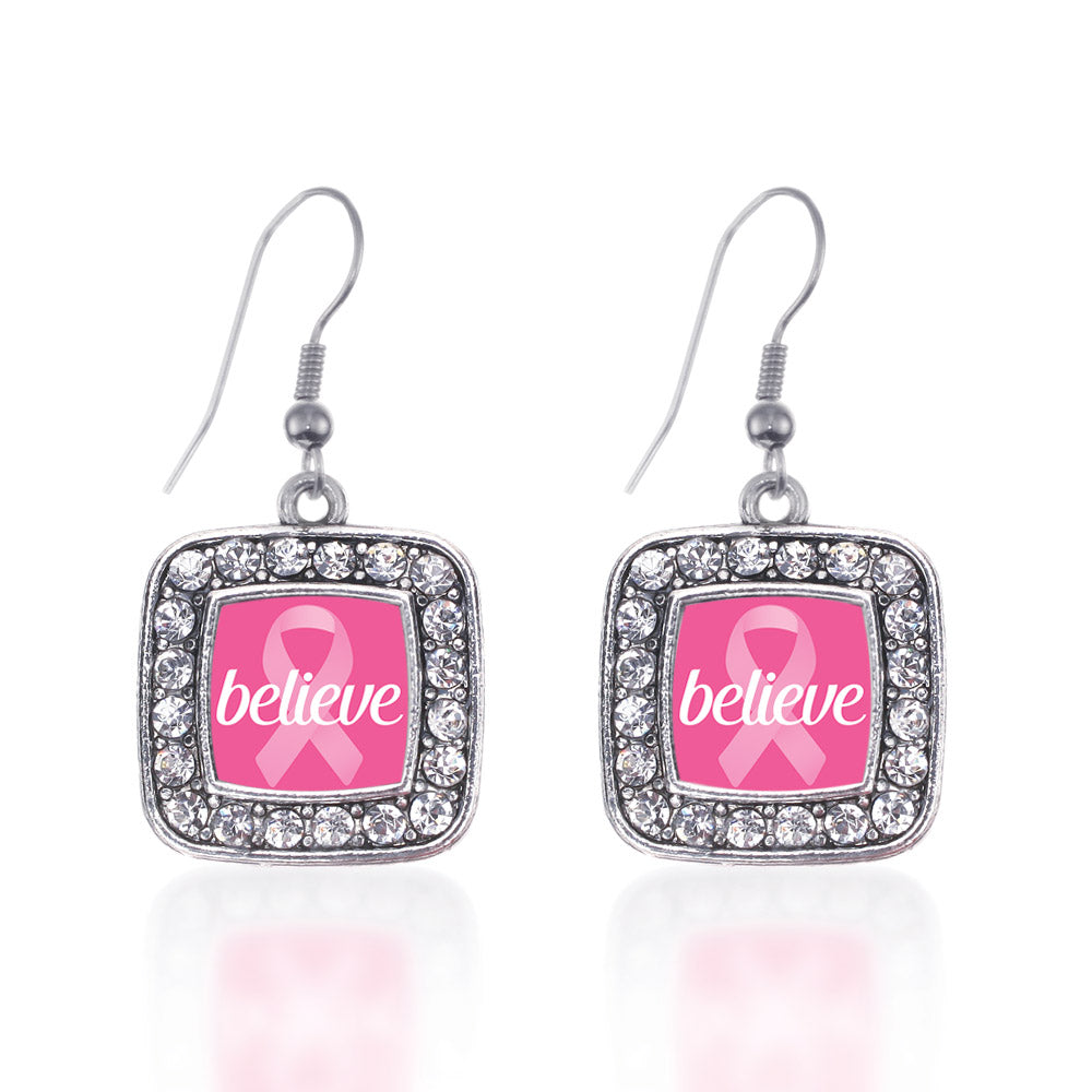 Silver Believe Breast Cancer Awareness Square Charm Dangle Earrings