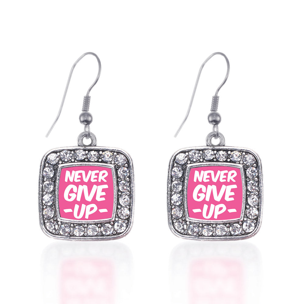 Silver Never Give up Breast Cancer Awareness Square Charm Dangle Earrings