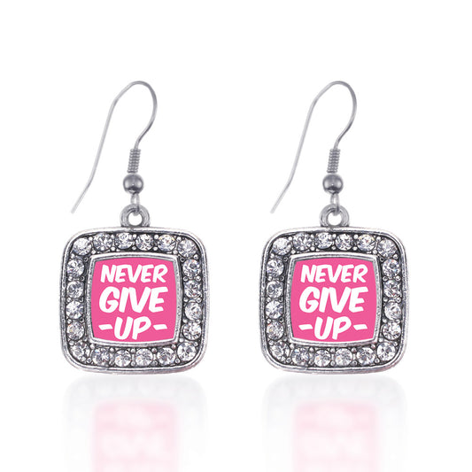 Silver Never Give up Breast Cancer Awareness Square Charm Dangle Earrings