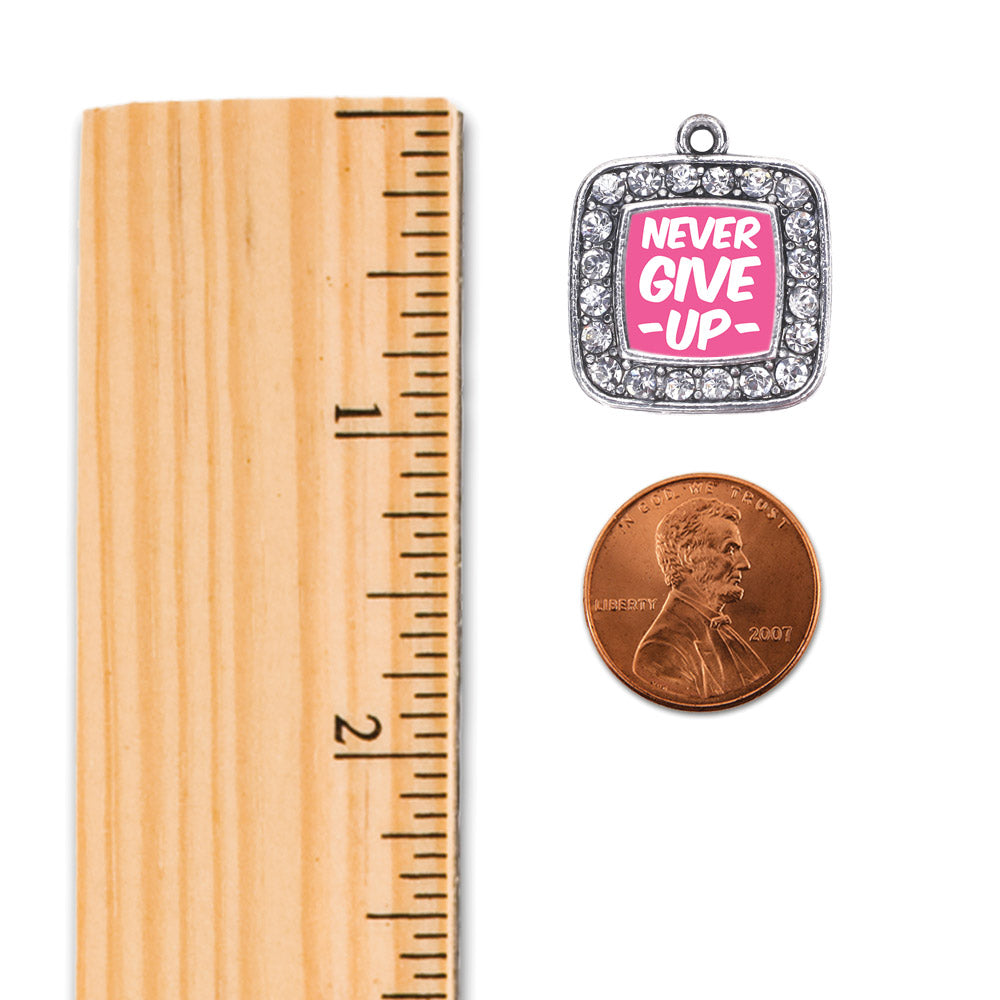 Silver Never Give up Breast Cancer Awareness Square Charm Dangle Earrings