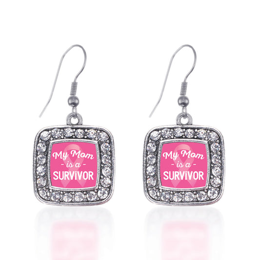 Silver My Mom is a Survivor Breast Cancer Awareness Square Charm Dangle Earrings