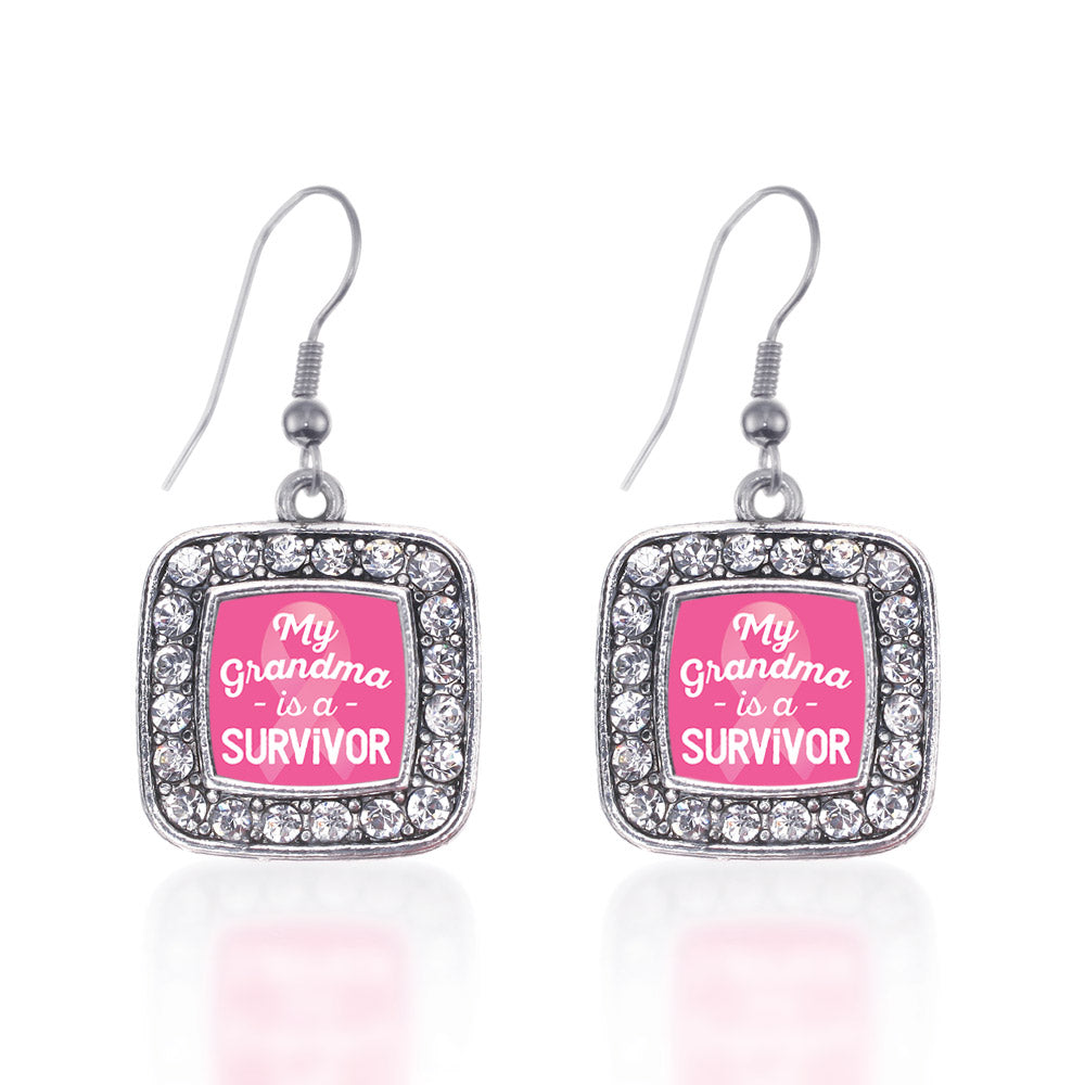 Silver My Grandma is a Survivor Breast Cancer Awareness Square Charm Dangle Earrings