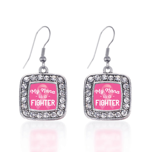 Silver My Nana is a Fighter Breast Cancer Awareness Square Charm Dangle Earrings