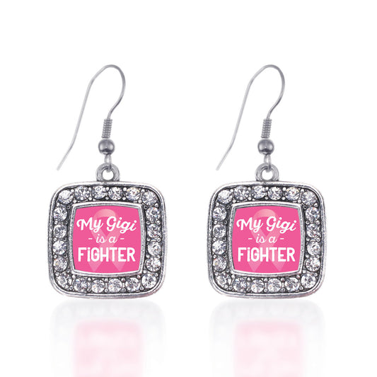 Silver My Gigi is a Fighter Breast Cancer Awareness Square Charm Dangle Earrings