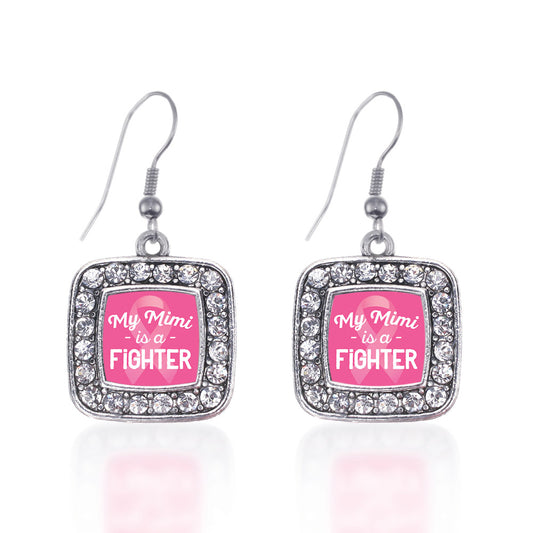 Silver My Mimi is a Fighter Breast Cancer Awareness Square Charm Dangle Earrings