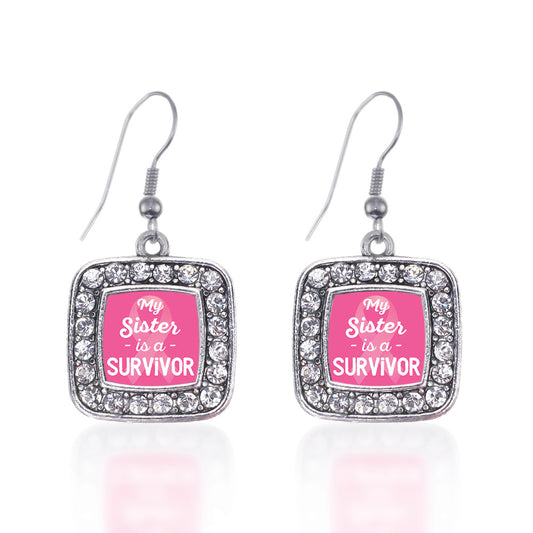 Silver My Sister is a Survivor Breast Cancer Awareness Square Charm Dangle Earrings