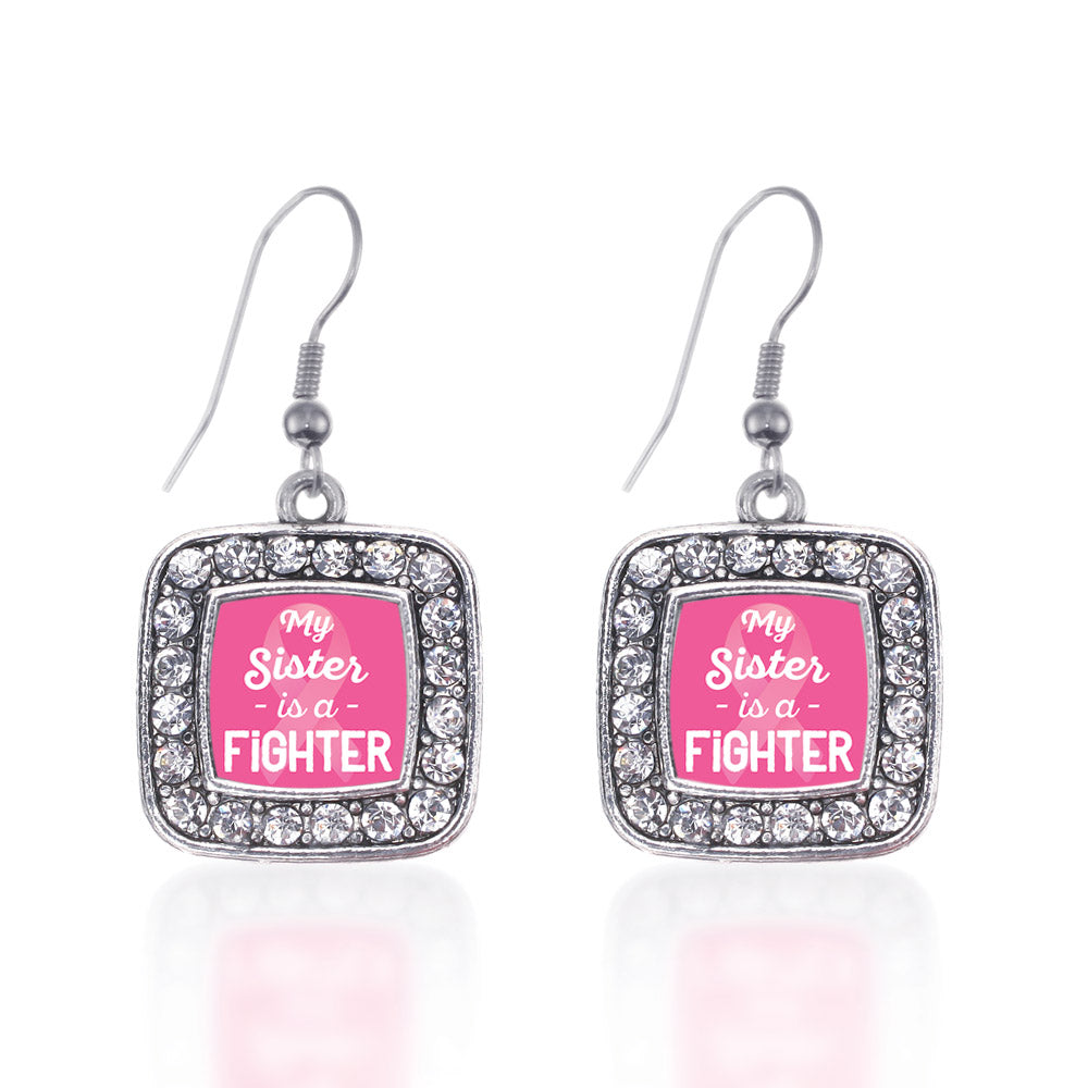 Silver My Sister is a Fighter Breast Cancer Awareness Square Charm Dangle Earrings