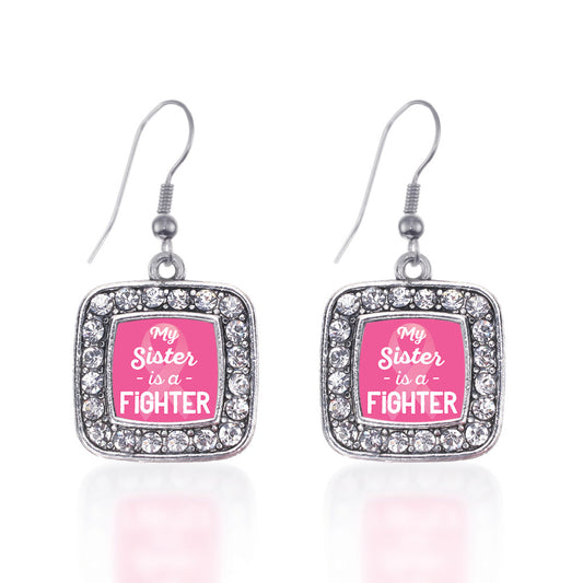 Silver My Sister is a Fighter Breast Cancer Awareness Square Charm Dangle Earrings