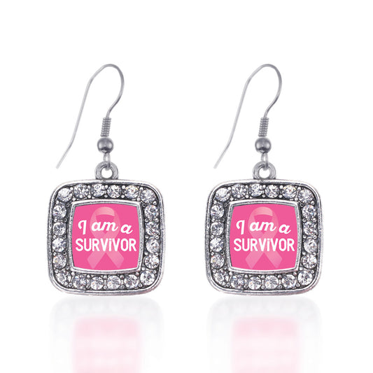 Silver I am a Survivor Breast Cancer Awareness Square Charm Dangle Earrings