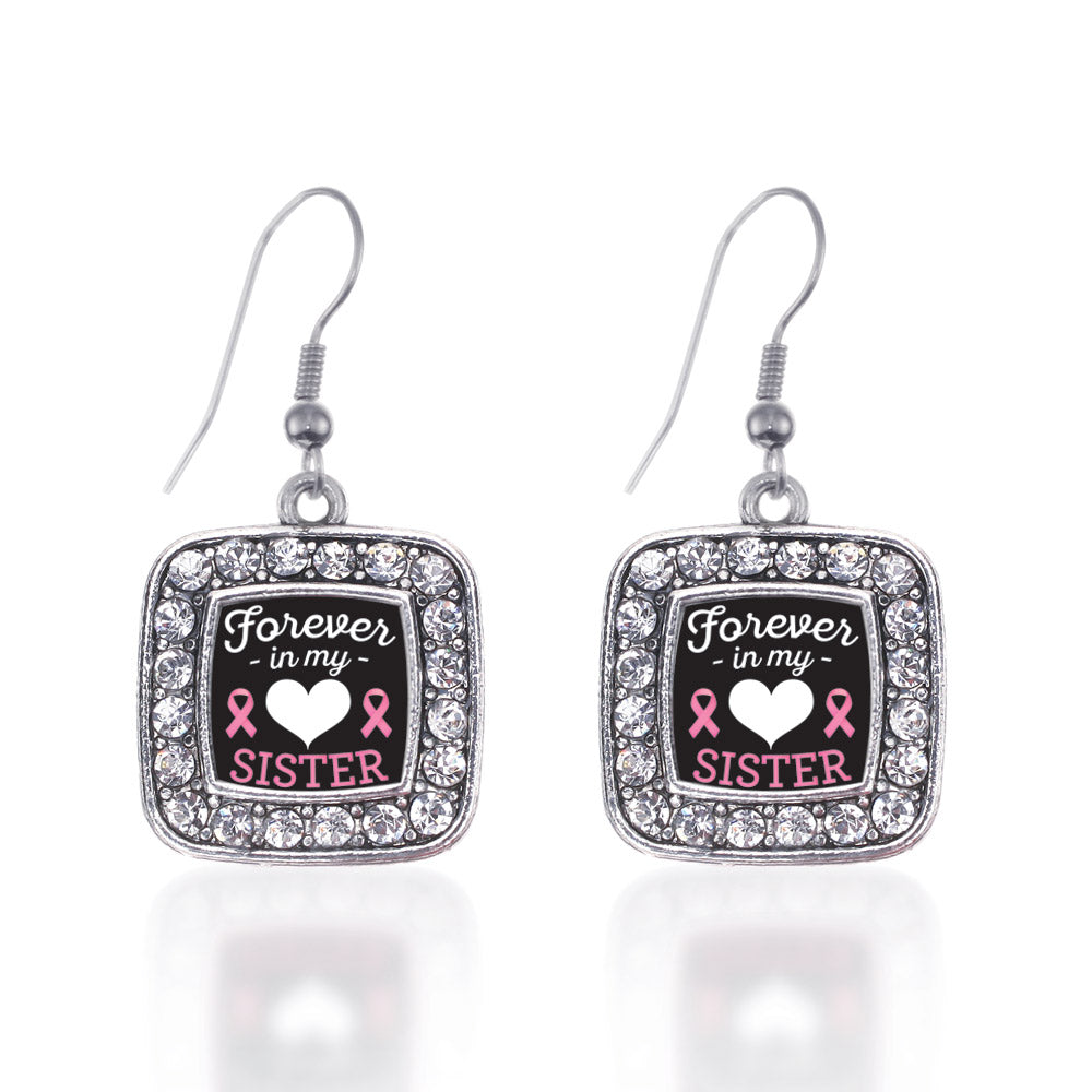 Silver Forever in my Heart Sister Square Charm Dangle Earrings