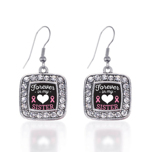 Silver Forever in my Heart Sister Square Charm Dangle Earrings