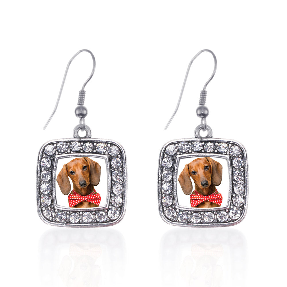 Silver Dachshund Face Square Charm Dangle Earrings