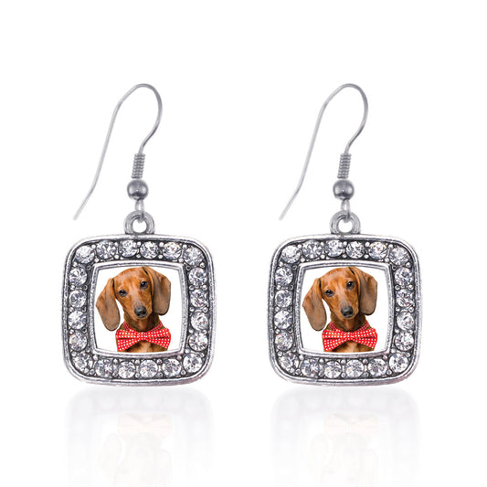Silver Dachshund Face Square Charm Dangle Earrings