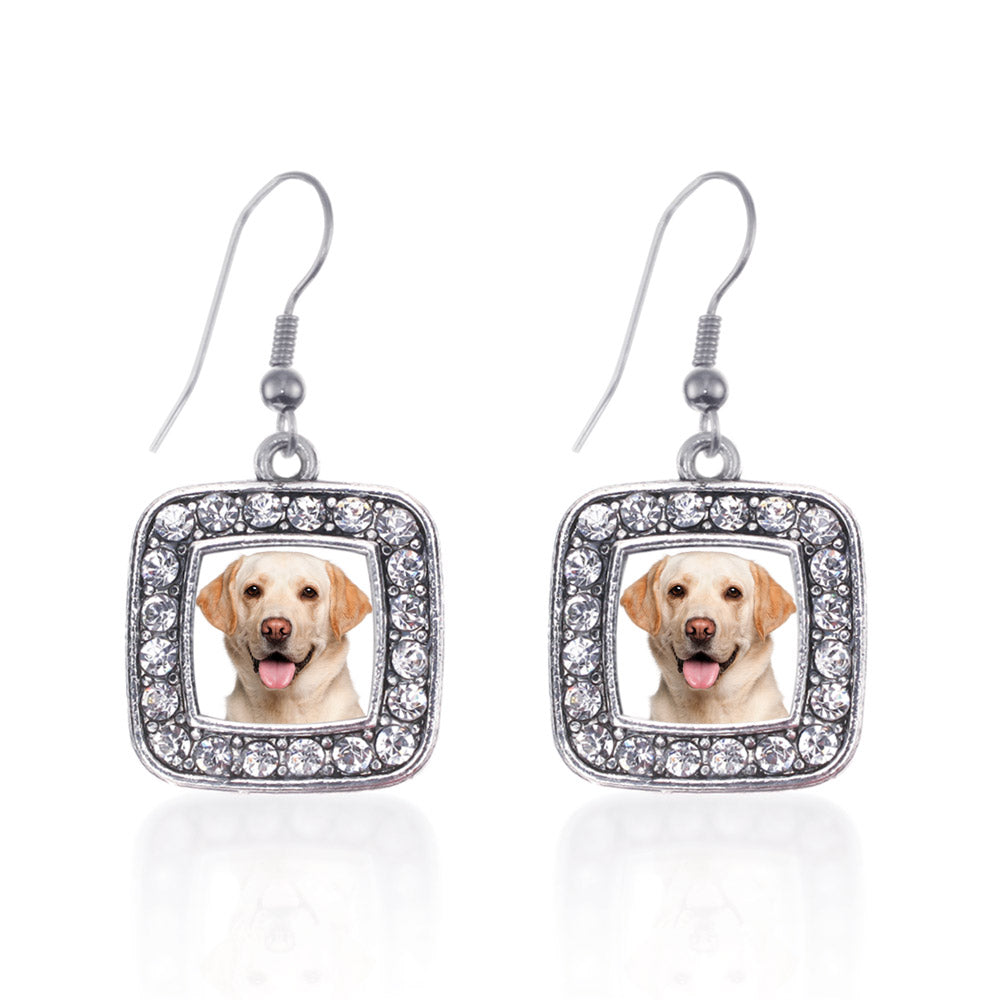 Silver Labrador Face Square Charm Dangle Earrings