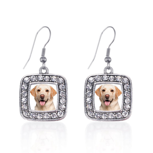 Silver Labrador Face Square Charm Dangle Earrings