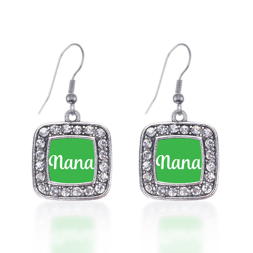 Silver Green Nana Square Charm Dangle Earrings