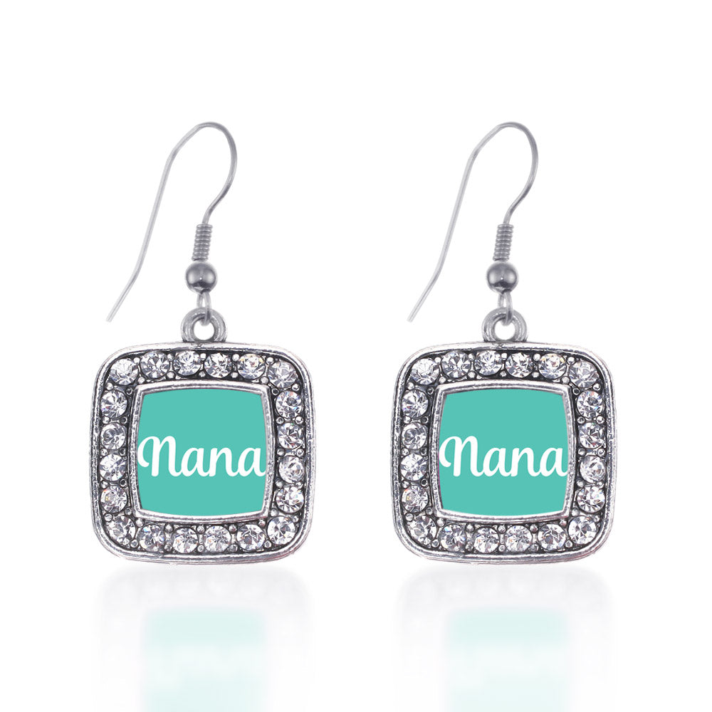 Silver Teal Nana Square Charm Dangle Earrings