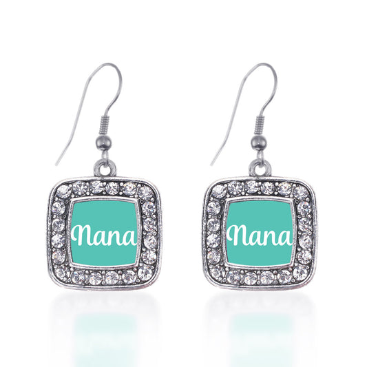 Silver Teal Nana Square Charm Dangle Earrings