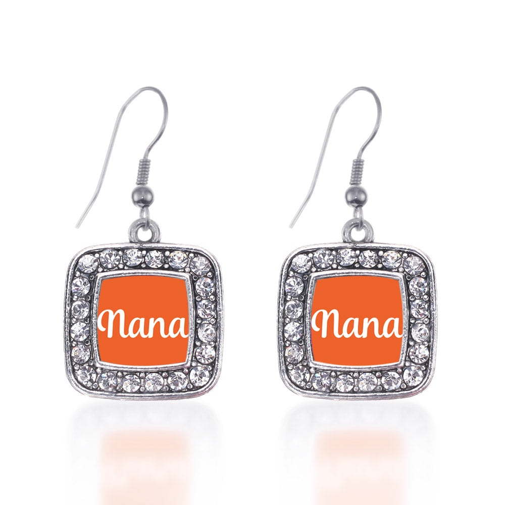 Silver Orange Nana Square Charm Dangle Earrings