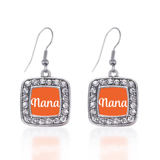 Silver Orange Nana Square Charm Dangle Earrings