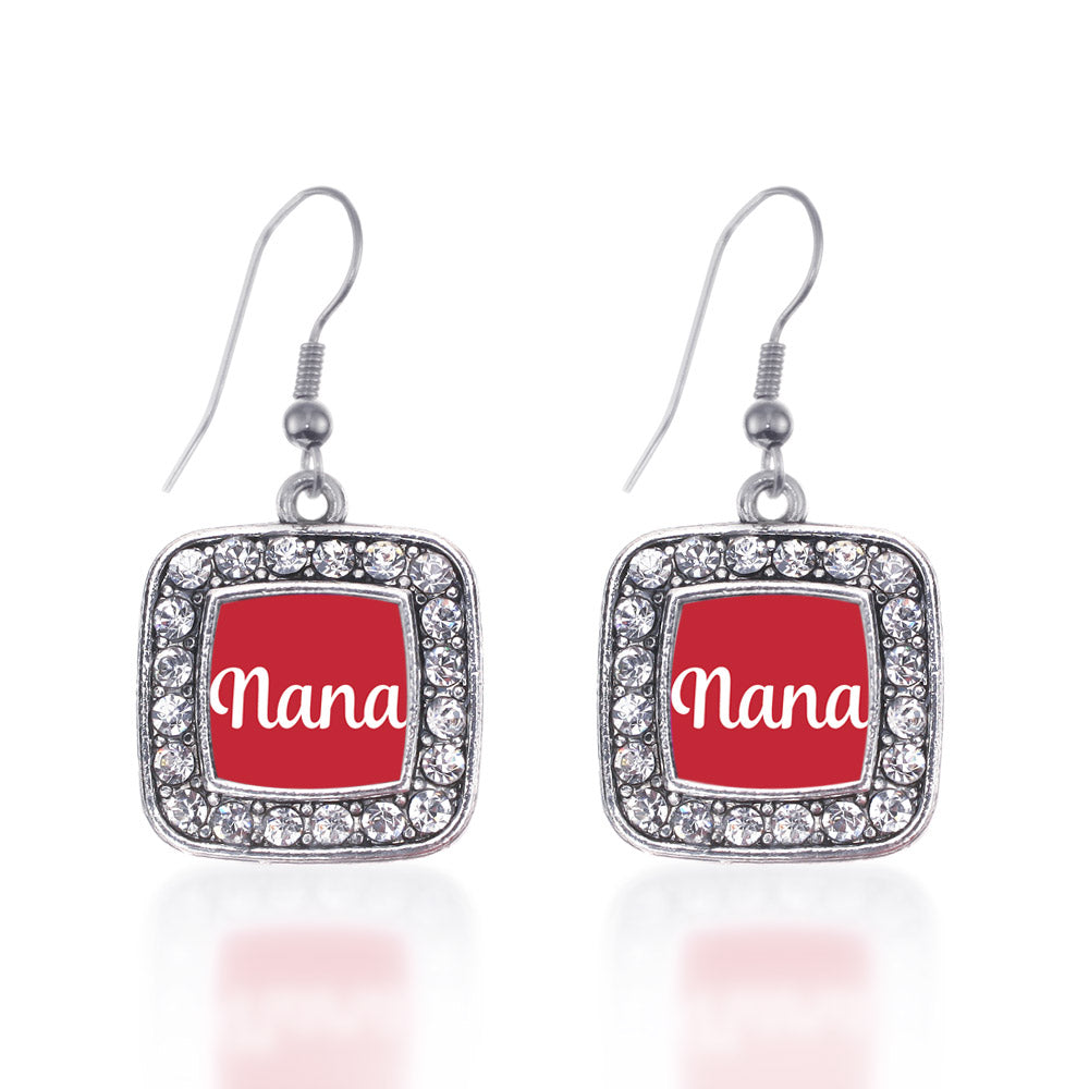 Silver Red Nana Square Charm Dangle Earrings