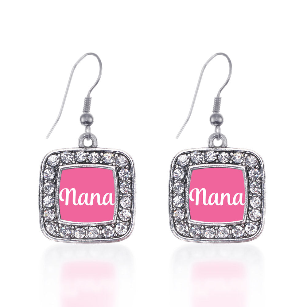 Silver Pink Nana Square Charm Dangle Earrings