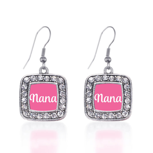 Silver Pink Nana Square Charm Dangle Earrings