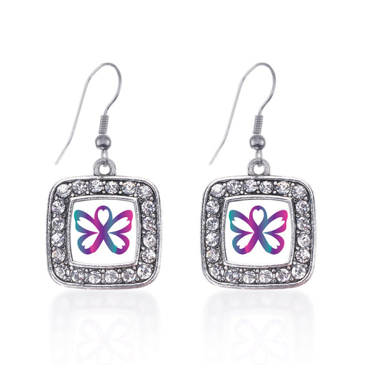 Silver Thyroid Butterfly Square Charm Dangle Earrings
