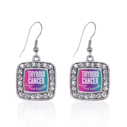 Silver Thyroid Cancer Awareness Square Charm Dangle Earrings