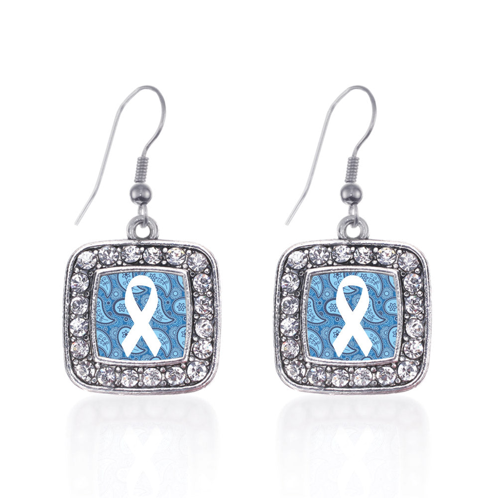 Silver Paisly Awareness Ribbon Square Charm Dangle Earrings