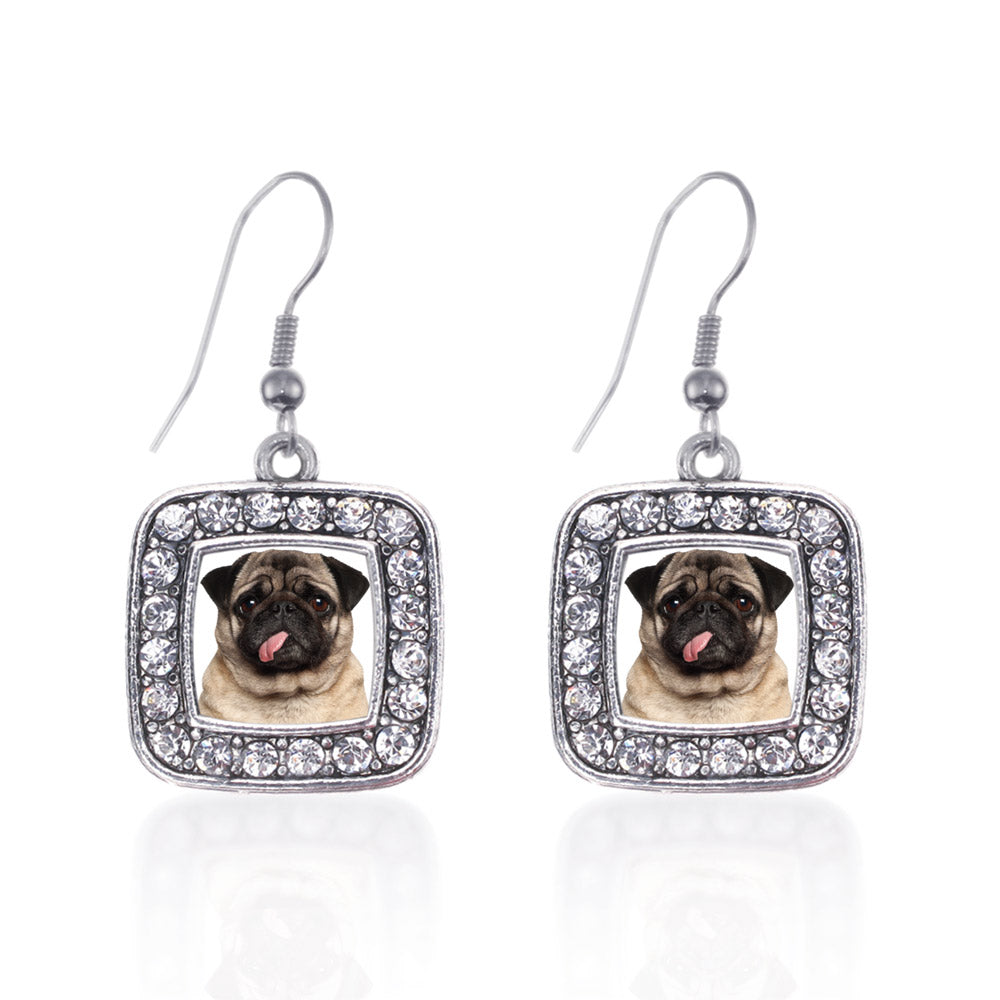 Silver Pug Face Square Charm Dangle Earrings