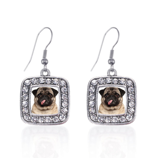 Silver Pug Face Square Charm Dangle Earrings