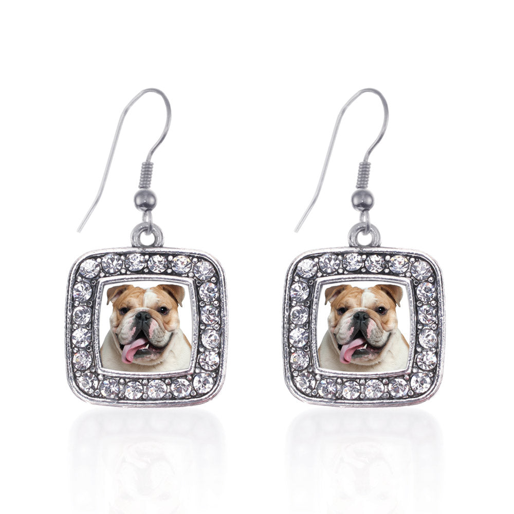 Silver Bulldog Face Square Charm Dangle Earrings
