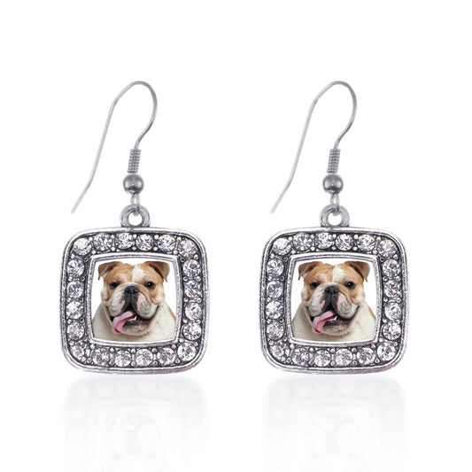 Silver Bulldog Face Square Charm Dangle Earrings