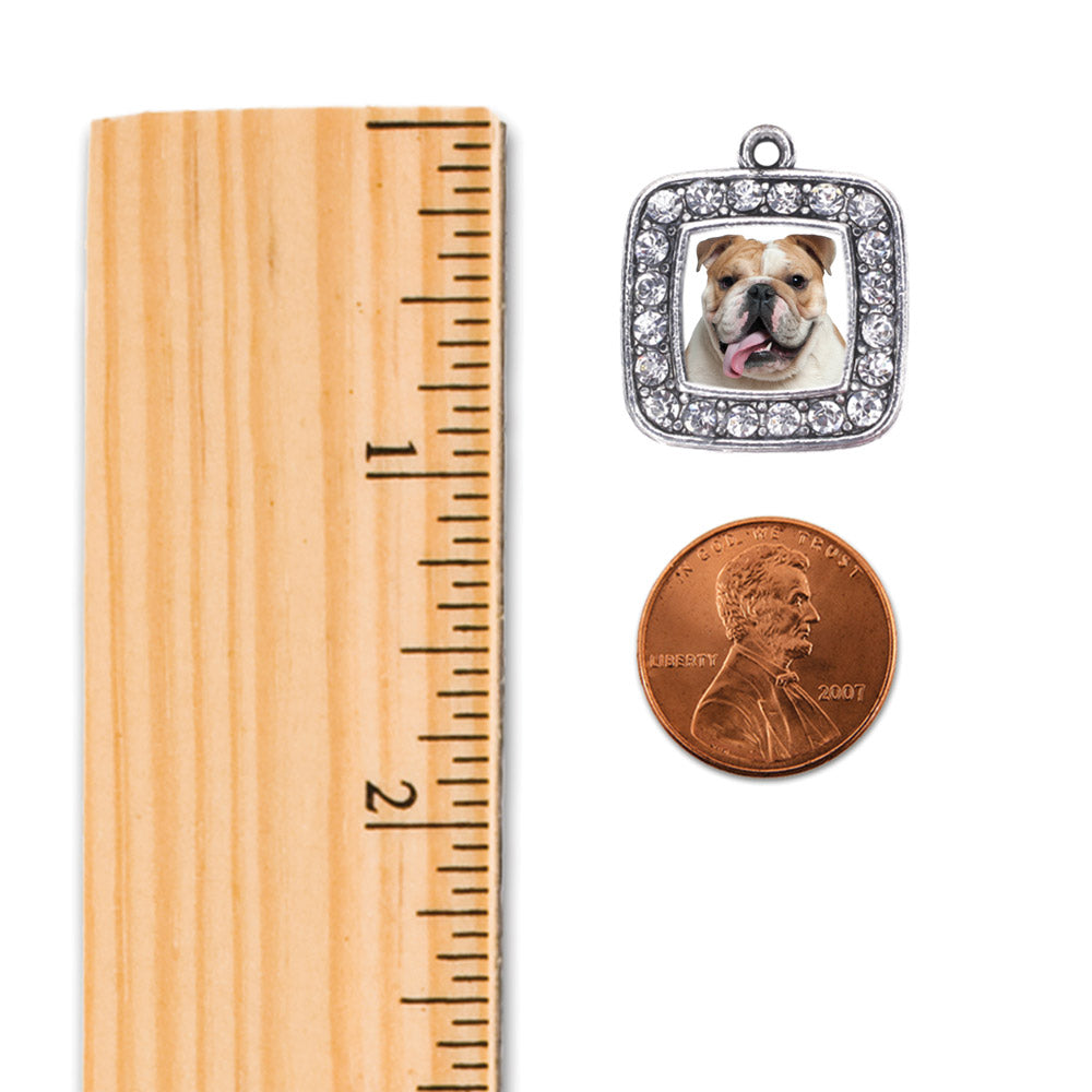 Silver Bulldog Face Square Charm Dangle Earrings